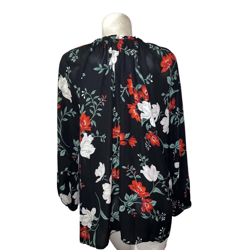 Old Navy Womens 2X Plus Black Floral Tie Neck Long Sleeve Peasant Blouse Top - Picture 6 of 9